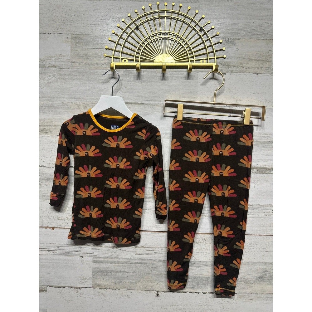 Kickee Pants Pajama Set Kids 4T Brown Turkey Print Bamboo Holiday